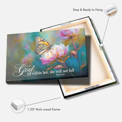 god is within her she will not fall monarch butterfly and peony christian wall art canvas (view 6)