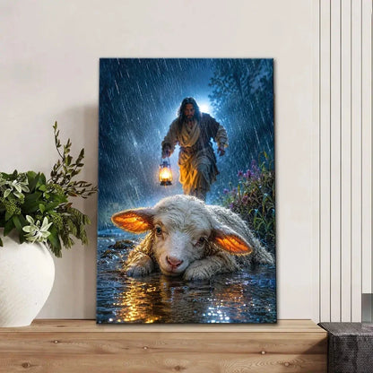 jesus rescues the lost lamb in the storm christian wall art canvas (view 4)