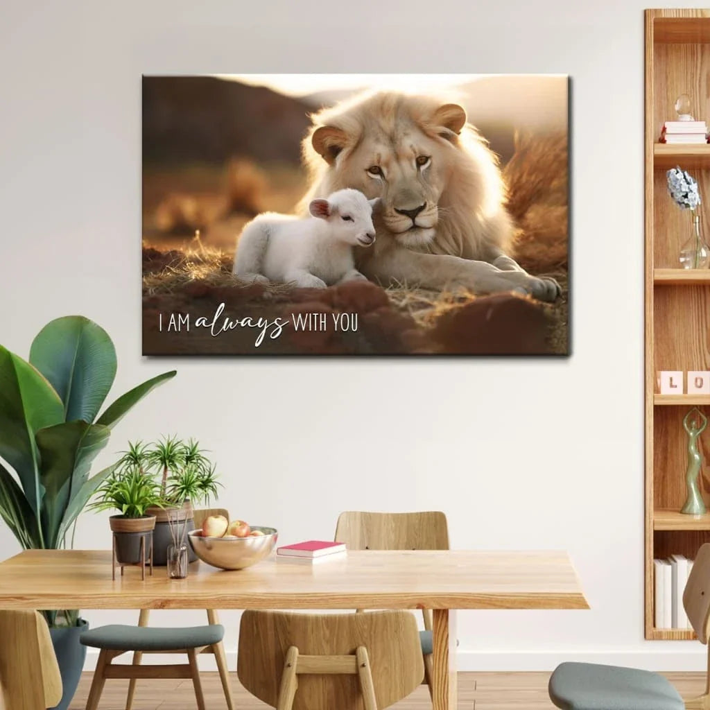 i am always with you lion and lamb christian wall art canvas (Landscape) (view 2)