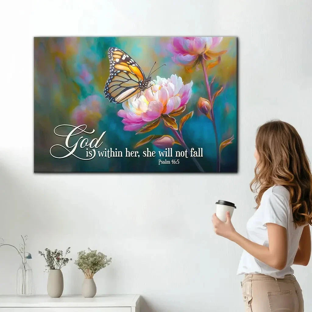 god is within her she will not fall monarch butterfly and peony christian wall art canvas (view 7)