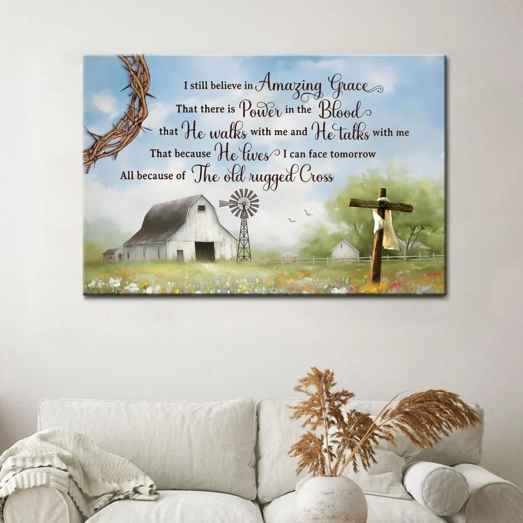 christian wall art i still believe in amazing grace canvas old white barn cross (Landscape)