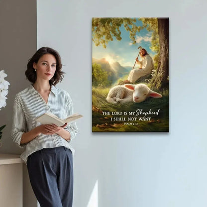the lord is my shepherd psalm 23 1 christian wall art canvas jesus with lamb (Landscape) (view 2)