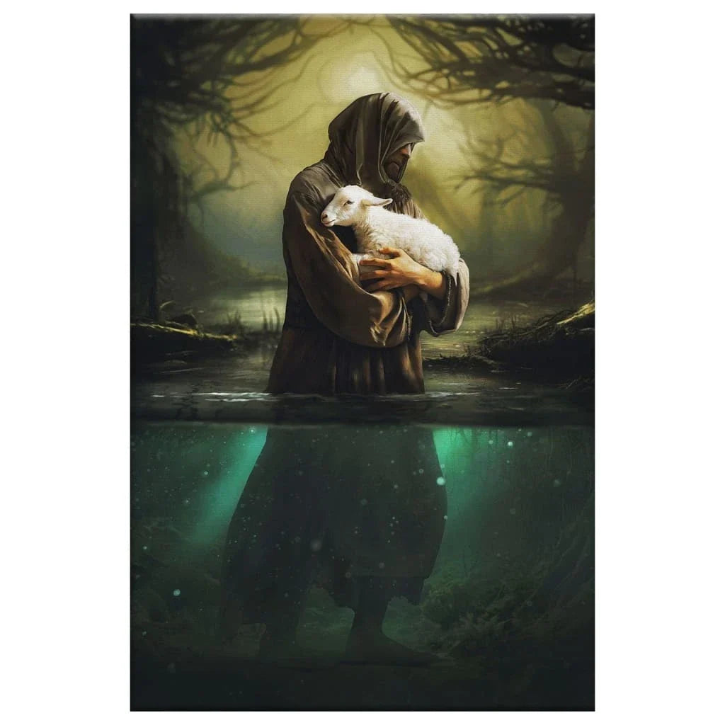 christian wall art jesus as shepherd carrying lamb through the waters canvas (view 3)