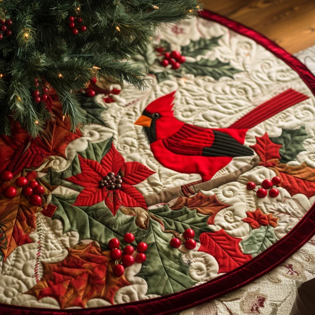 Christmas Cardinal Elegance Quilted Christmas Tree Skirt