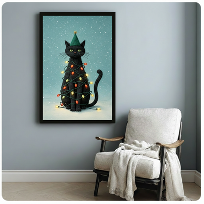 Christmas Black Cat Knit Lights Holiday Canvas Art