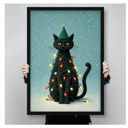 Christmas Black Cat Knit Lights Holiday Canvas Art