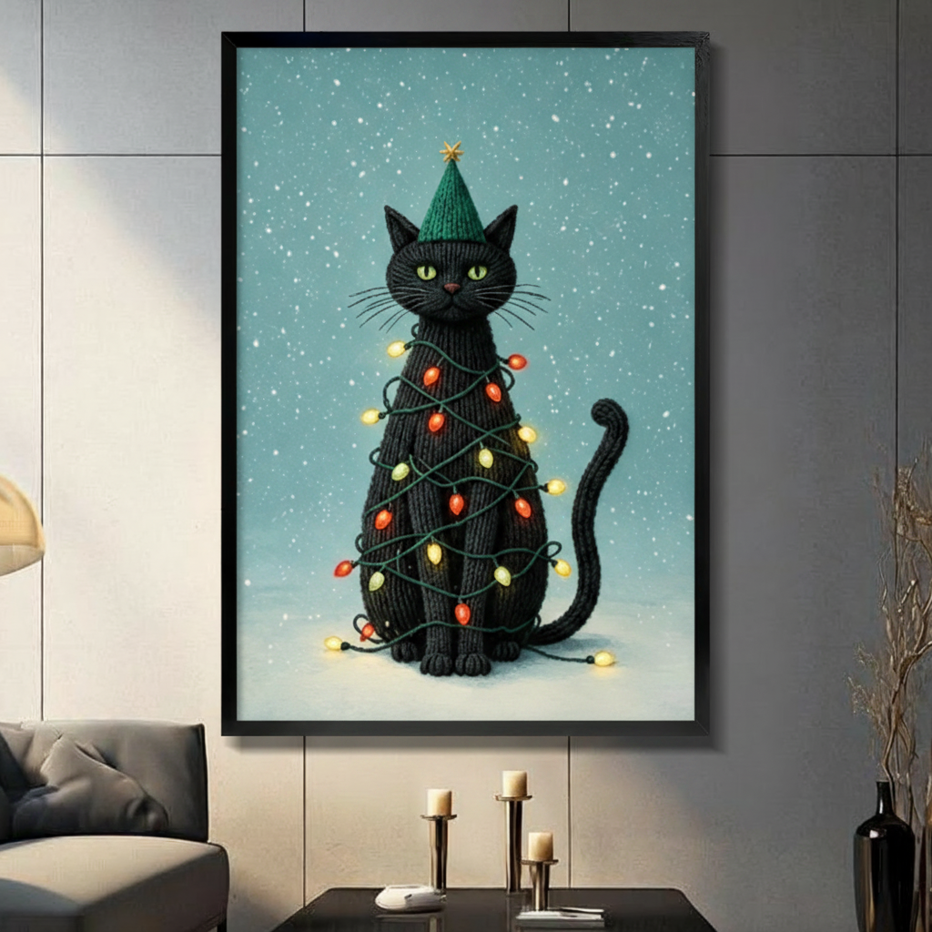 Christmas Black Cat Knit Lights Holiday Canvas Art