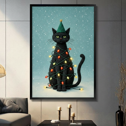 Christmas Black Cat Knit Lights Holiday Canvas Art