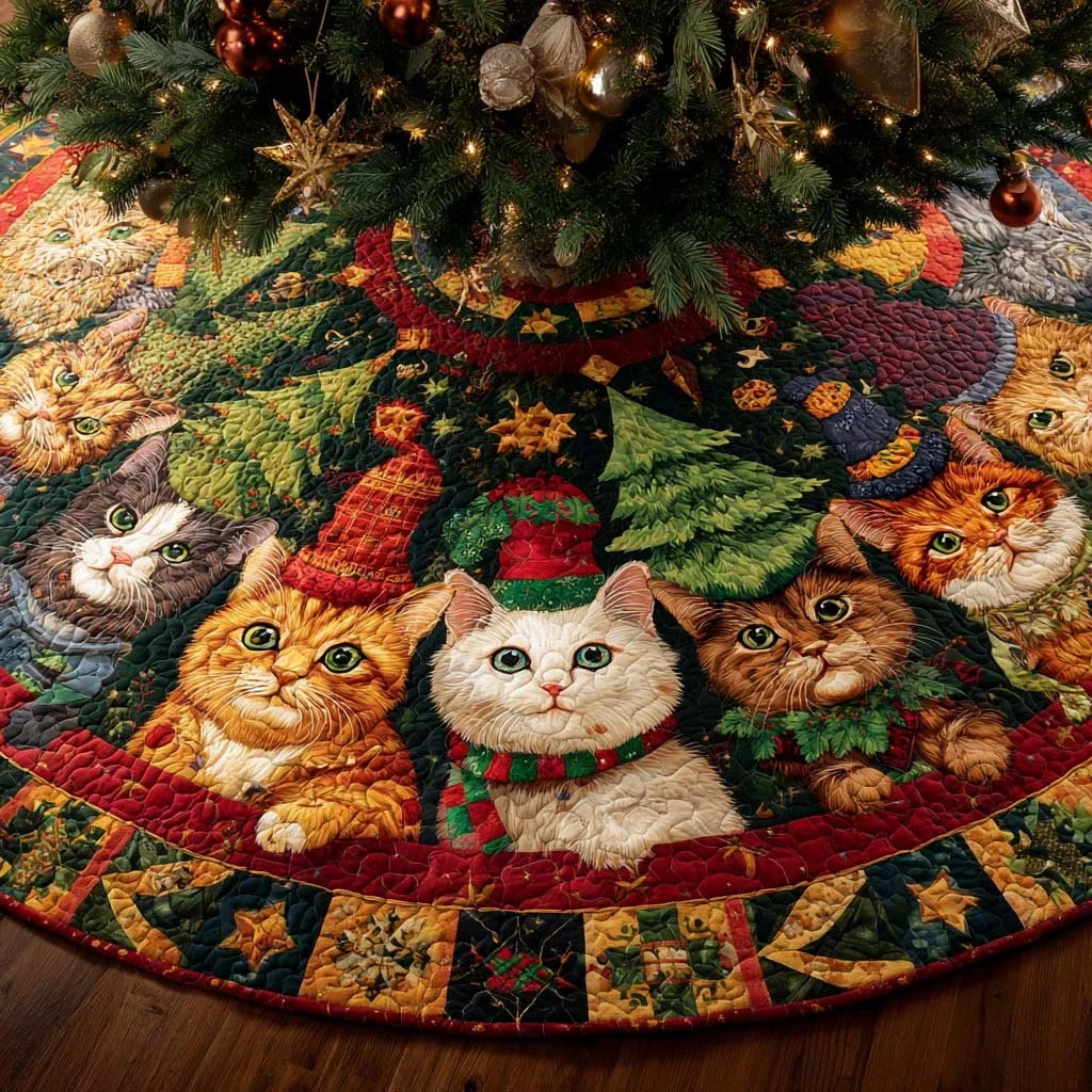 Christmas Cat Wreath Quilted Tree Skirt