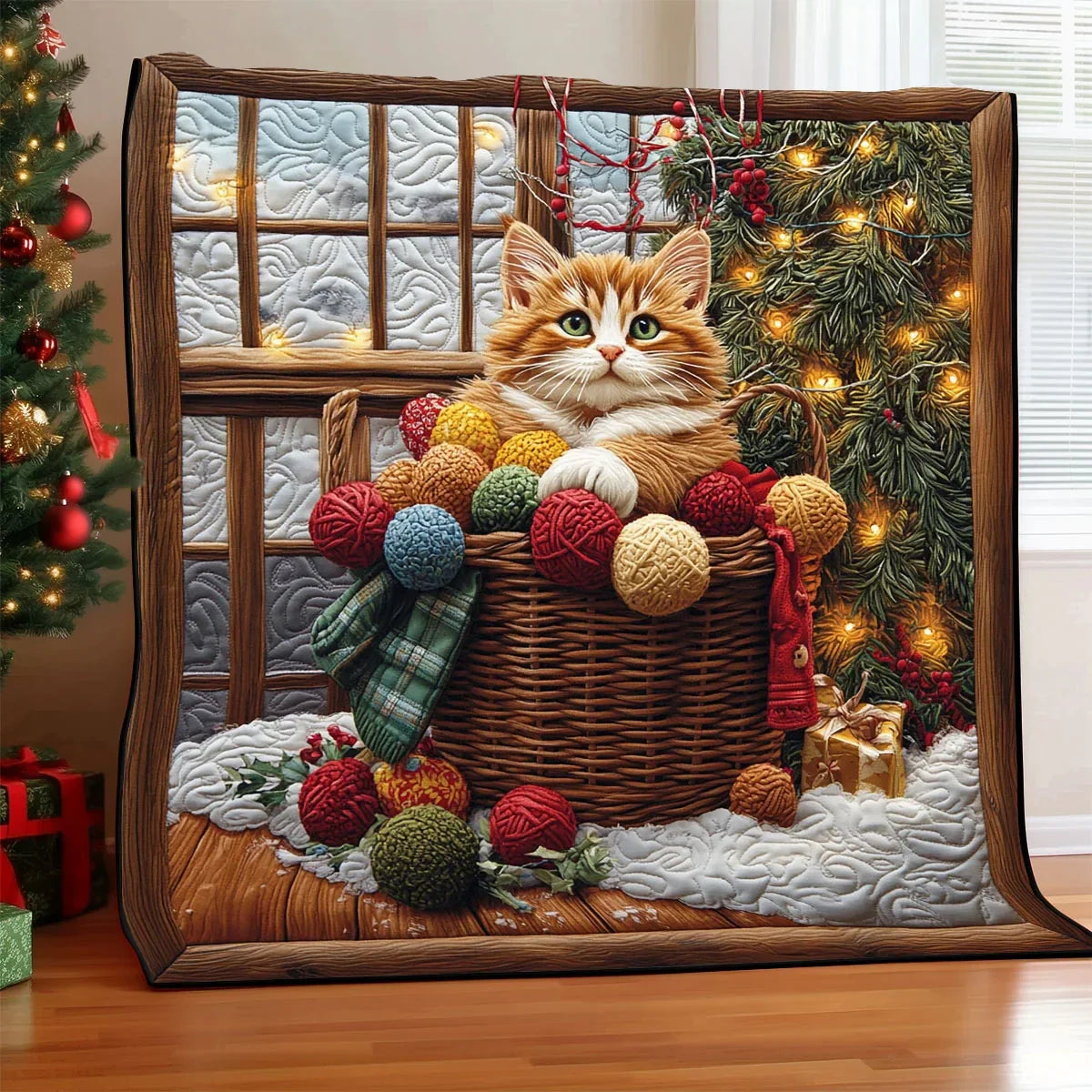 Christmas Cat Yarn Ball Quilt Blanket