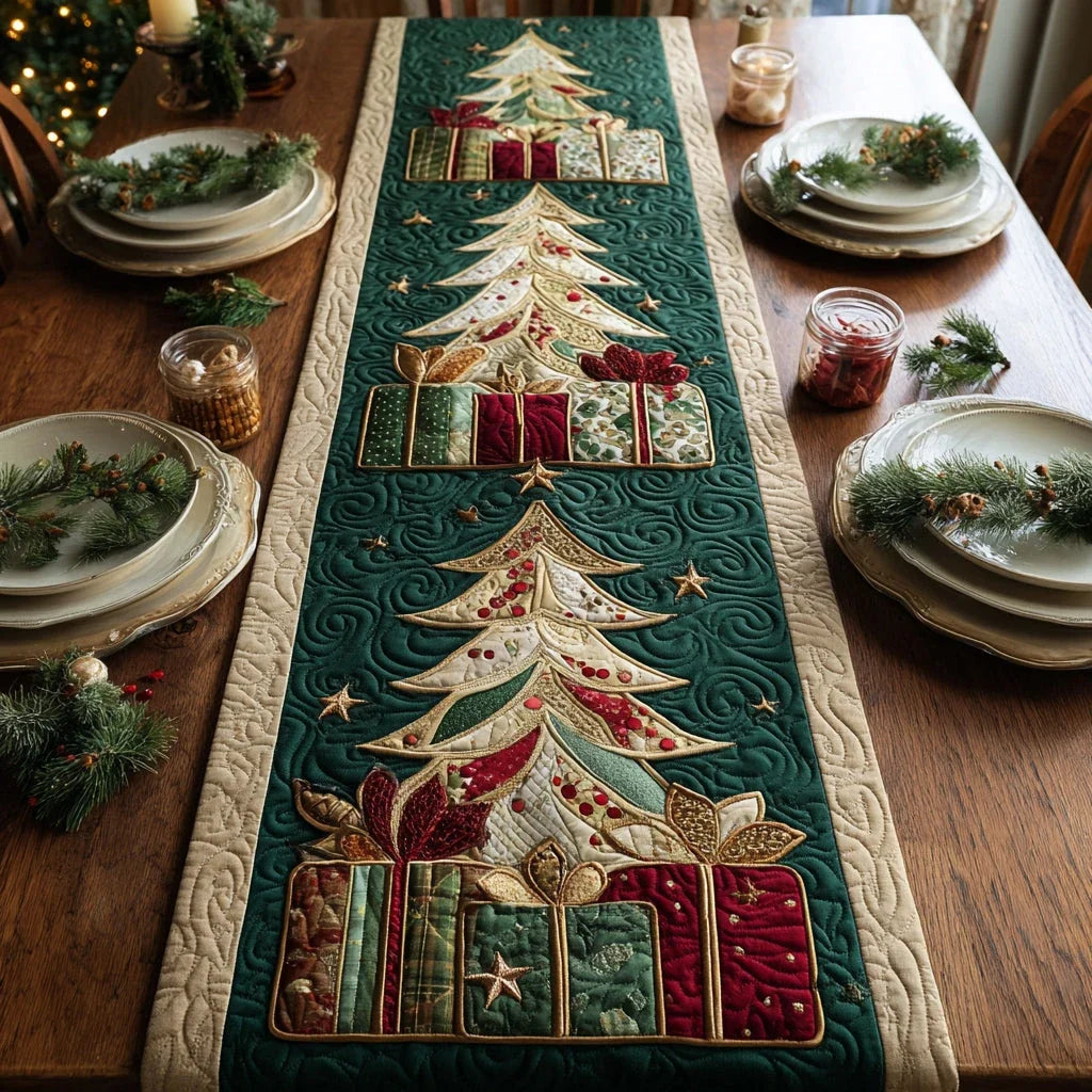 Christmas Tree Gifts Quilted Table Runner