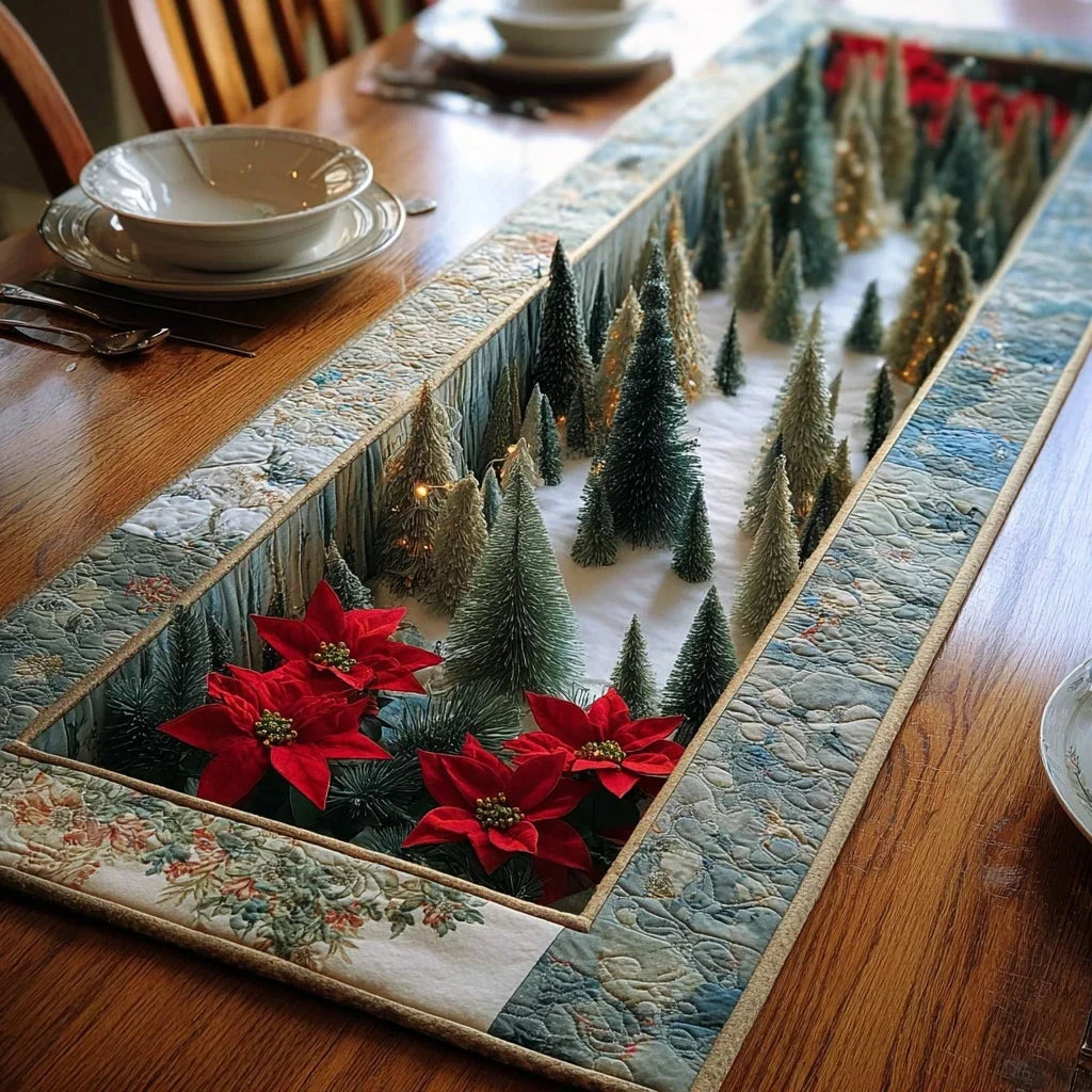 Christmas Tree Poinsettia Quilted Table Runner