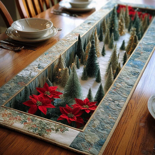 Christmas Tree Poinsettia Quilted Table Runner