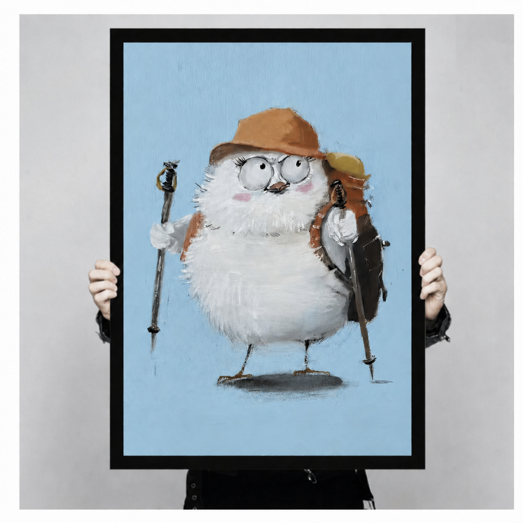 Fluffy Hiker Bird Whimsical Canvas Wall Art