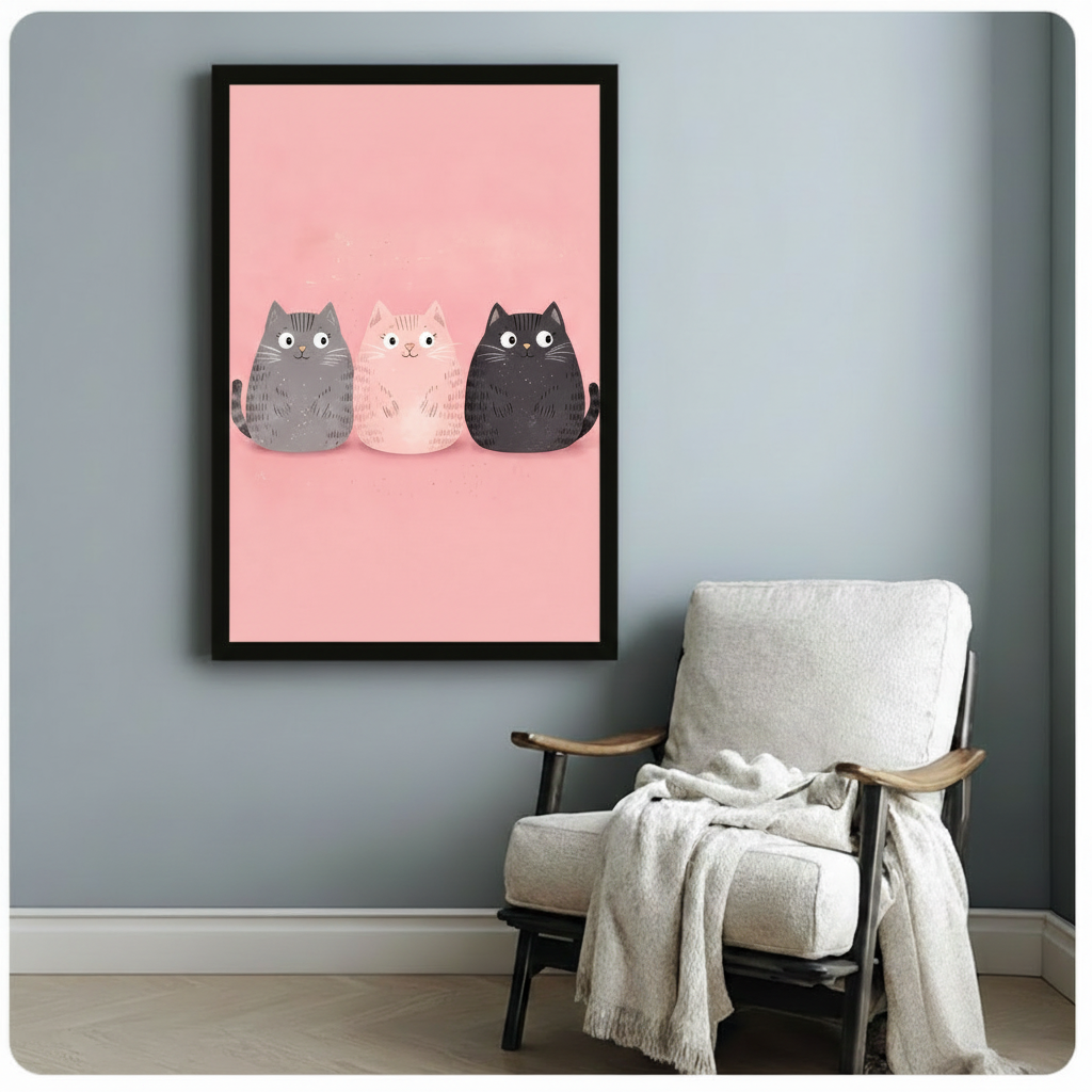 Cute Cat Trio Pink Kawaii Canvas Art Wall Art