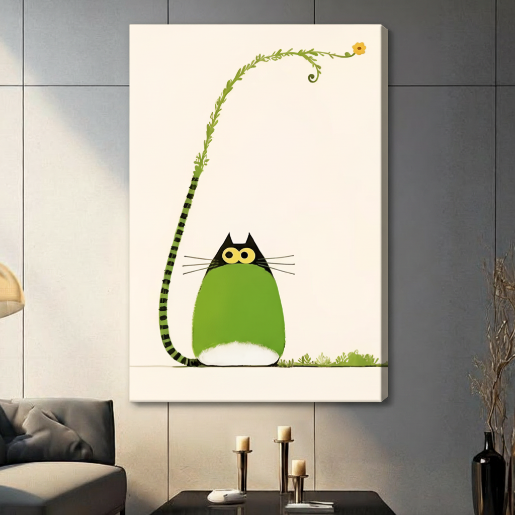 Green Fat Cat Vine Tail Minimalist Canvas Art