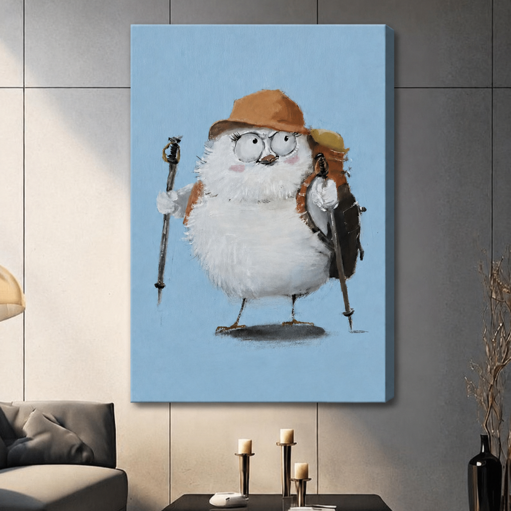 Fluffy Hiker Bird Whimsical Canvas Wall Art