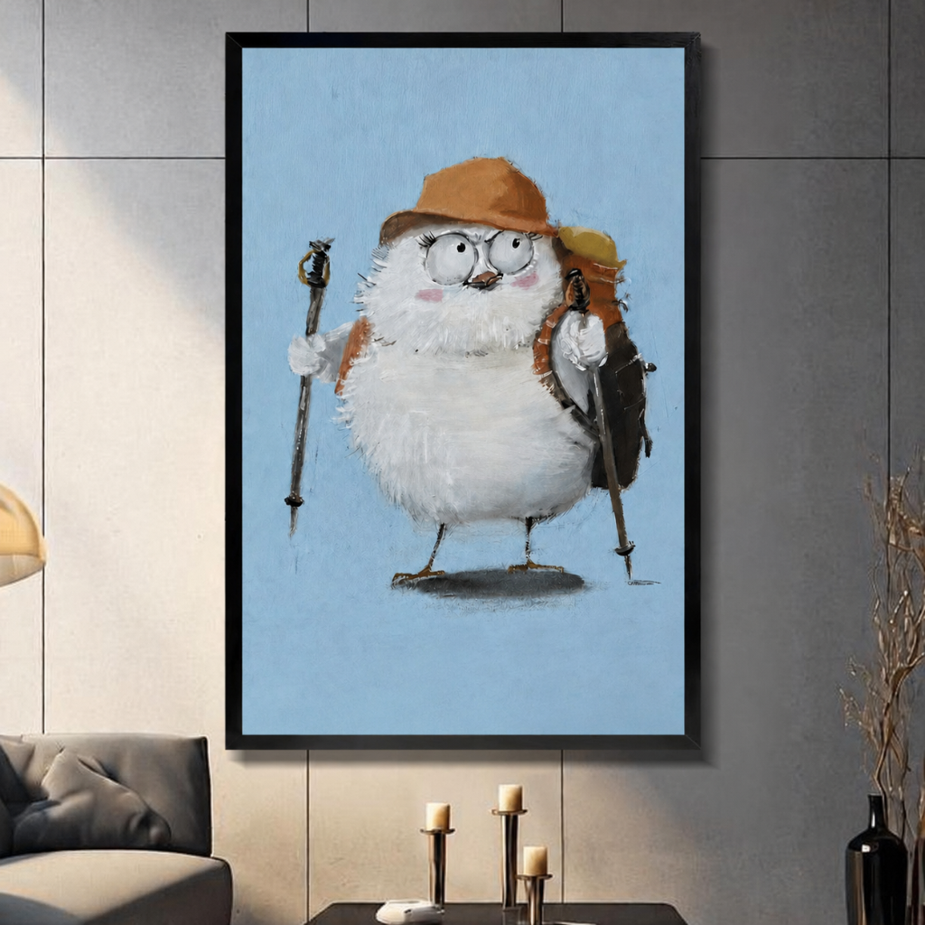 Fluffy Hiker Bird Whimsical Canvas Wall Art