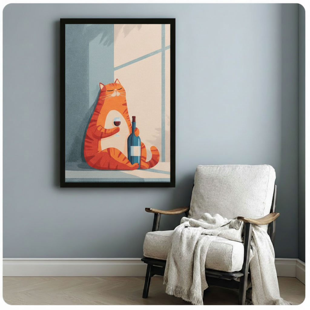 Fat Orange Cat Drinking Wine Canvas Print Wall Art