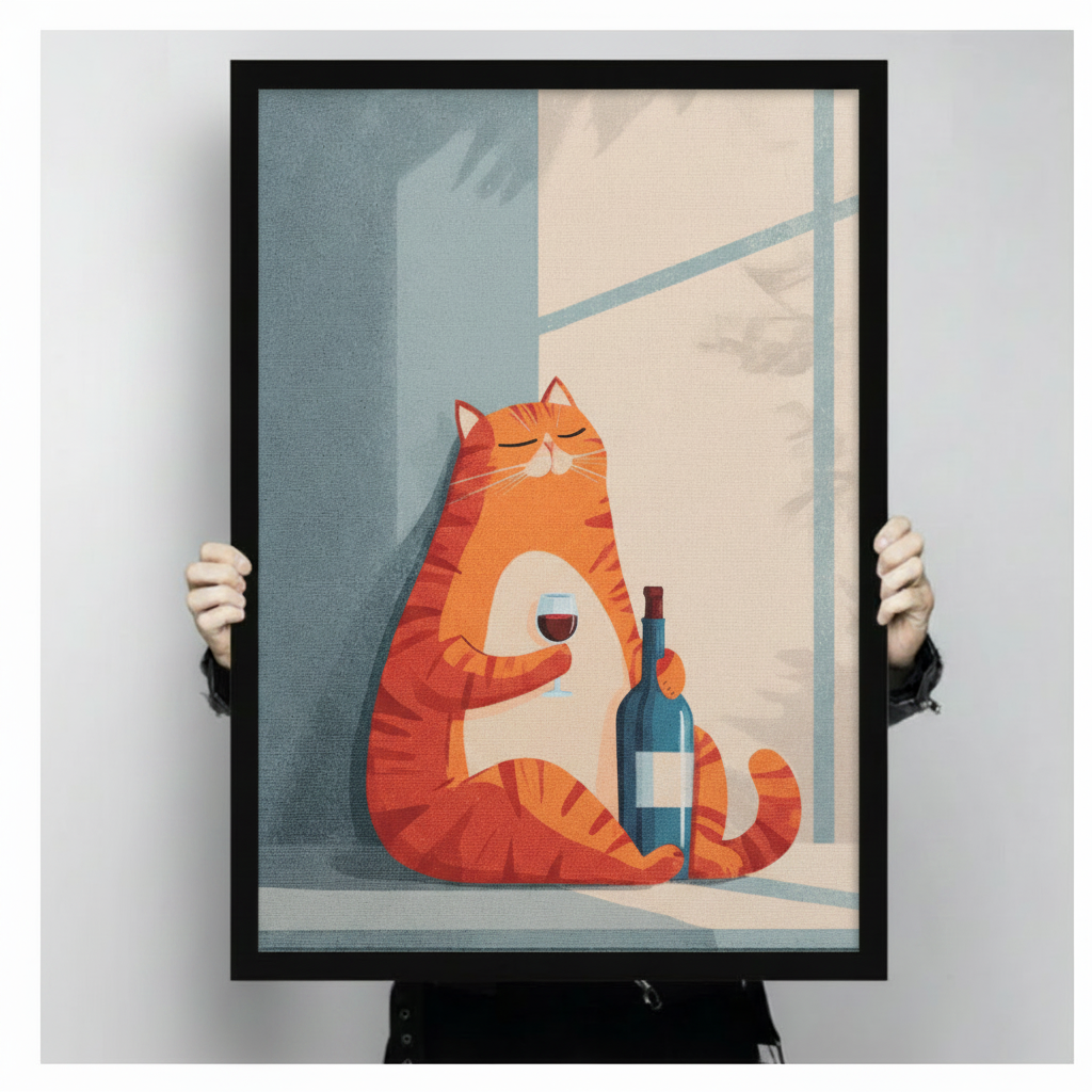 Fat Orange Cat Drinking Wine Canvas Print Wall Art