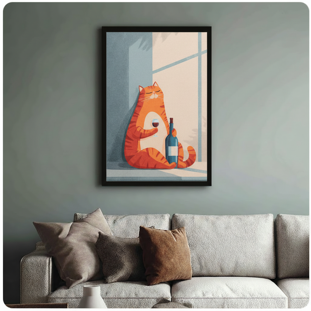 Fat Orange Cat Drinking Wine Canvas Print Wall Art