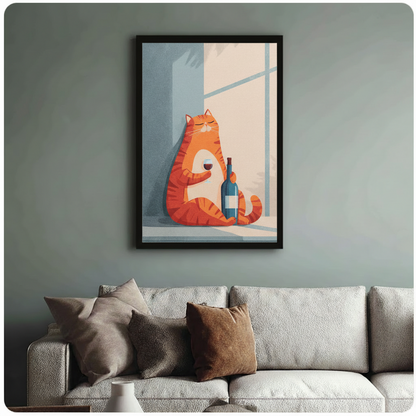 Fat Orange Cat Drinking Wine Canvas Print Wall Art