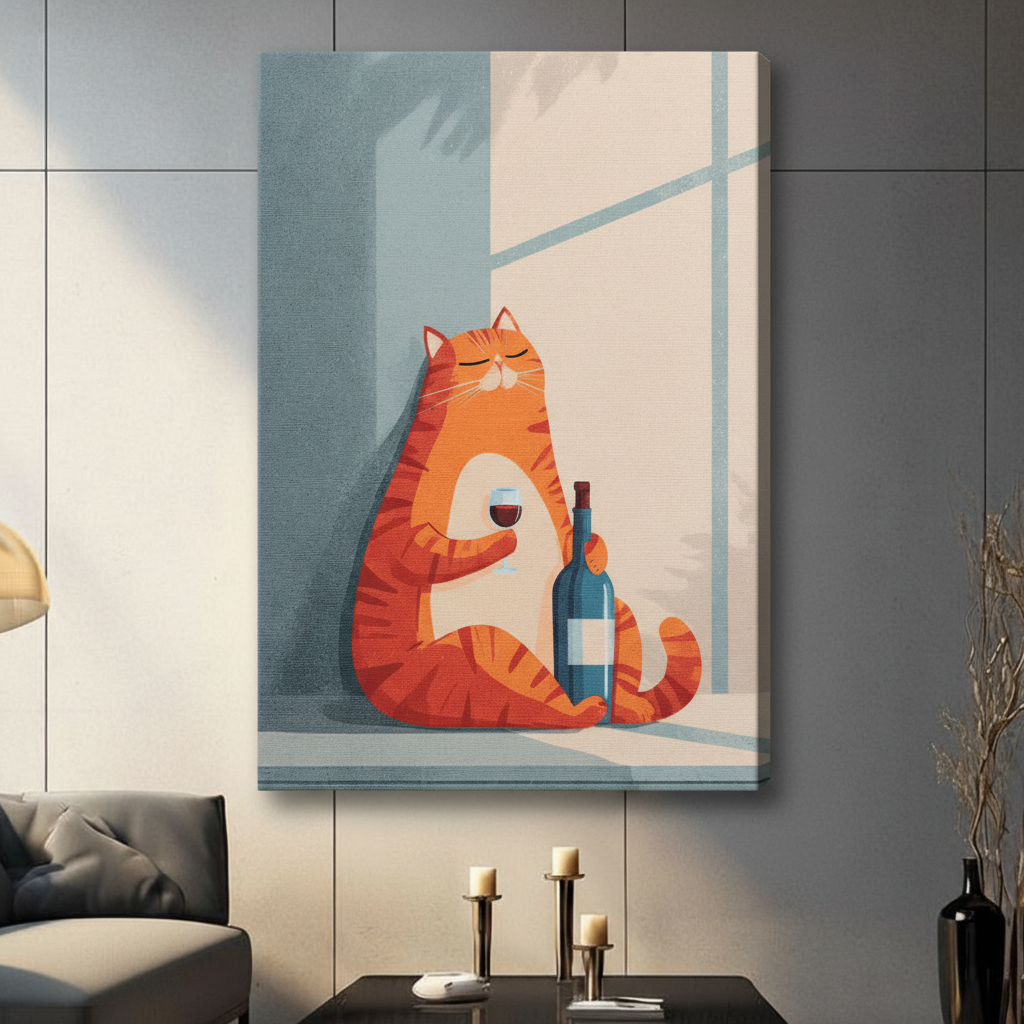 Fat Orange Cat Drinking Wine Canvas Print Wall Art
