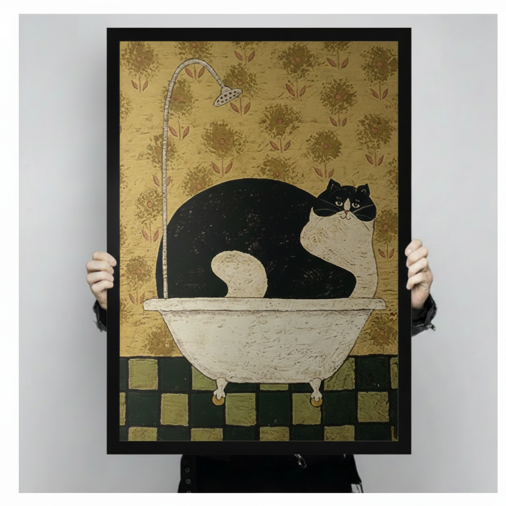 Vintage Folk Art Cat Bathtub Canvas Wall Art