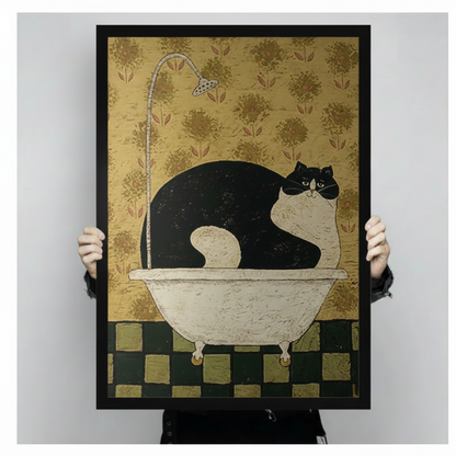 Vintage Folk Art Cat Bathtub Canvas Wall Art