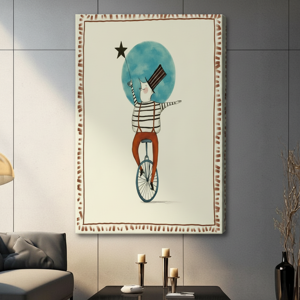 Retro Circus Unicycle Art Framed Canvas Print