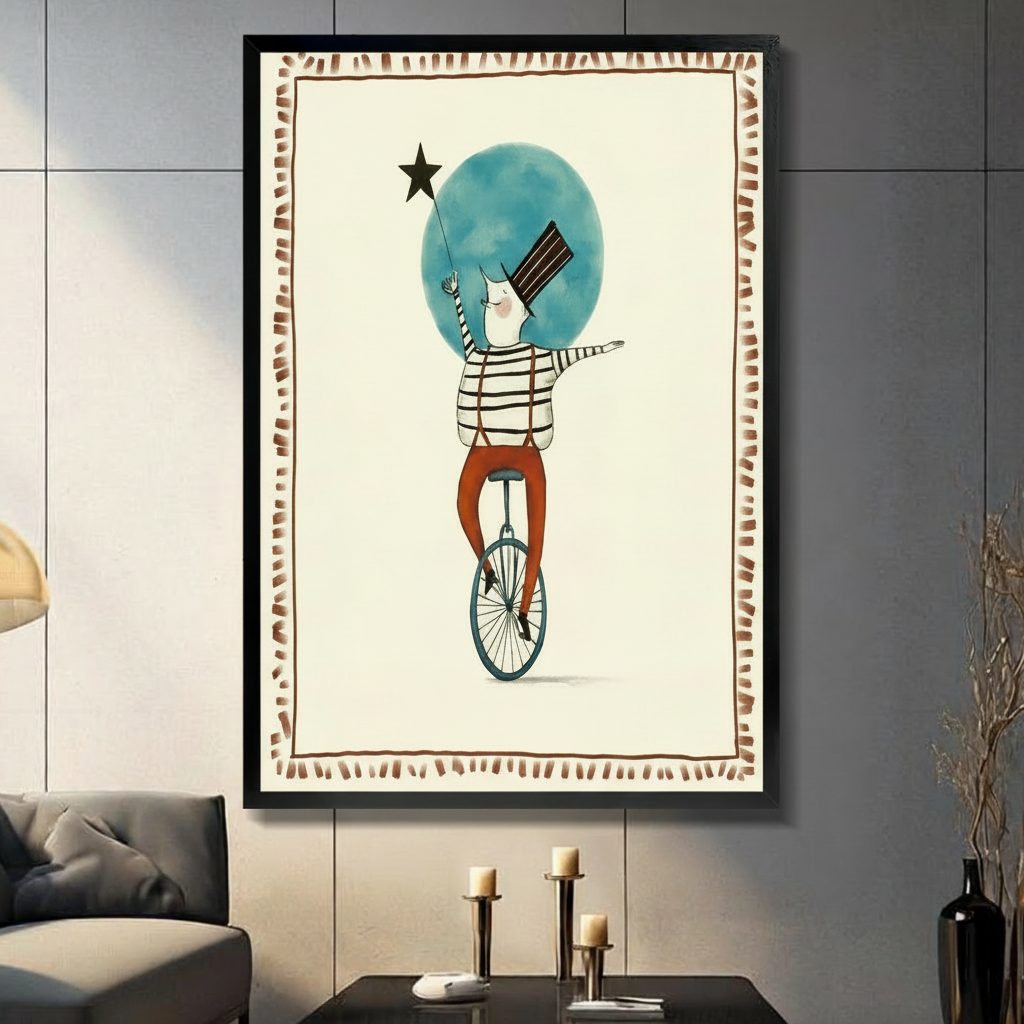 Retro Circus Unicycle Art Framed Canvas Print