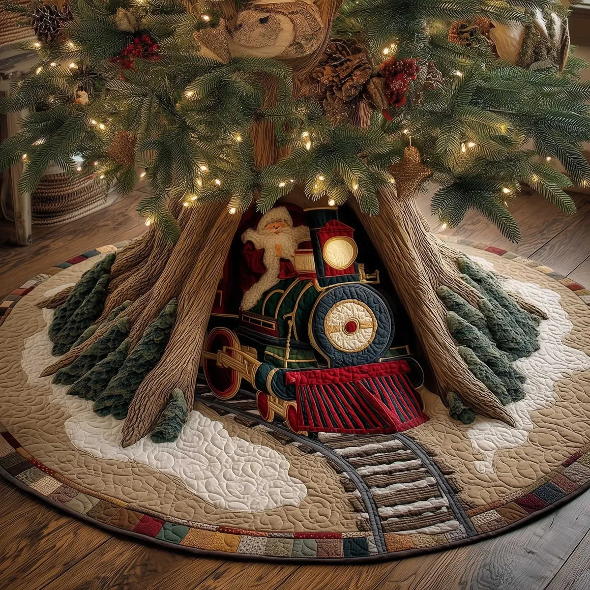 Classic Red Steam Engine Christmas Quilted Tree Skirt