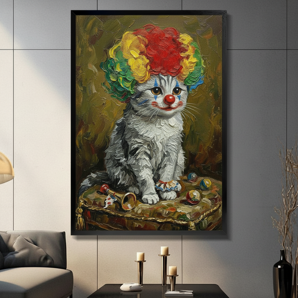 Funny Clown Cat Oil Painting Canvas Wall Art