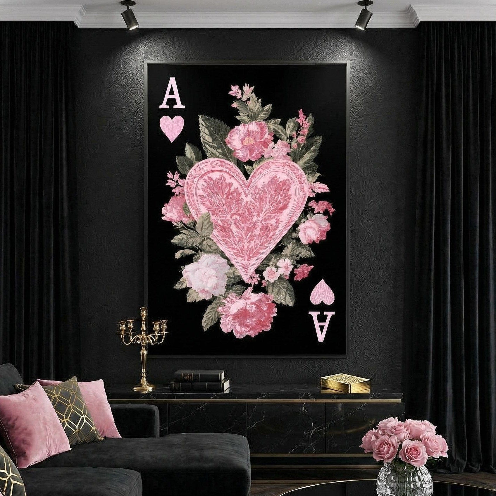 Floral Ace of Hearts Pink Rose Canvas Wall Art
