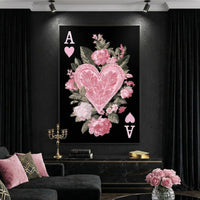 Floral Ace of Hearts Pink Rose Canvas Wall Art