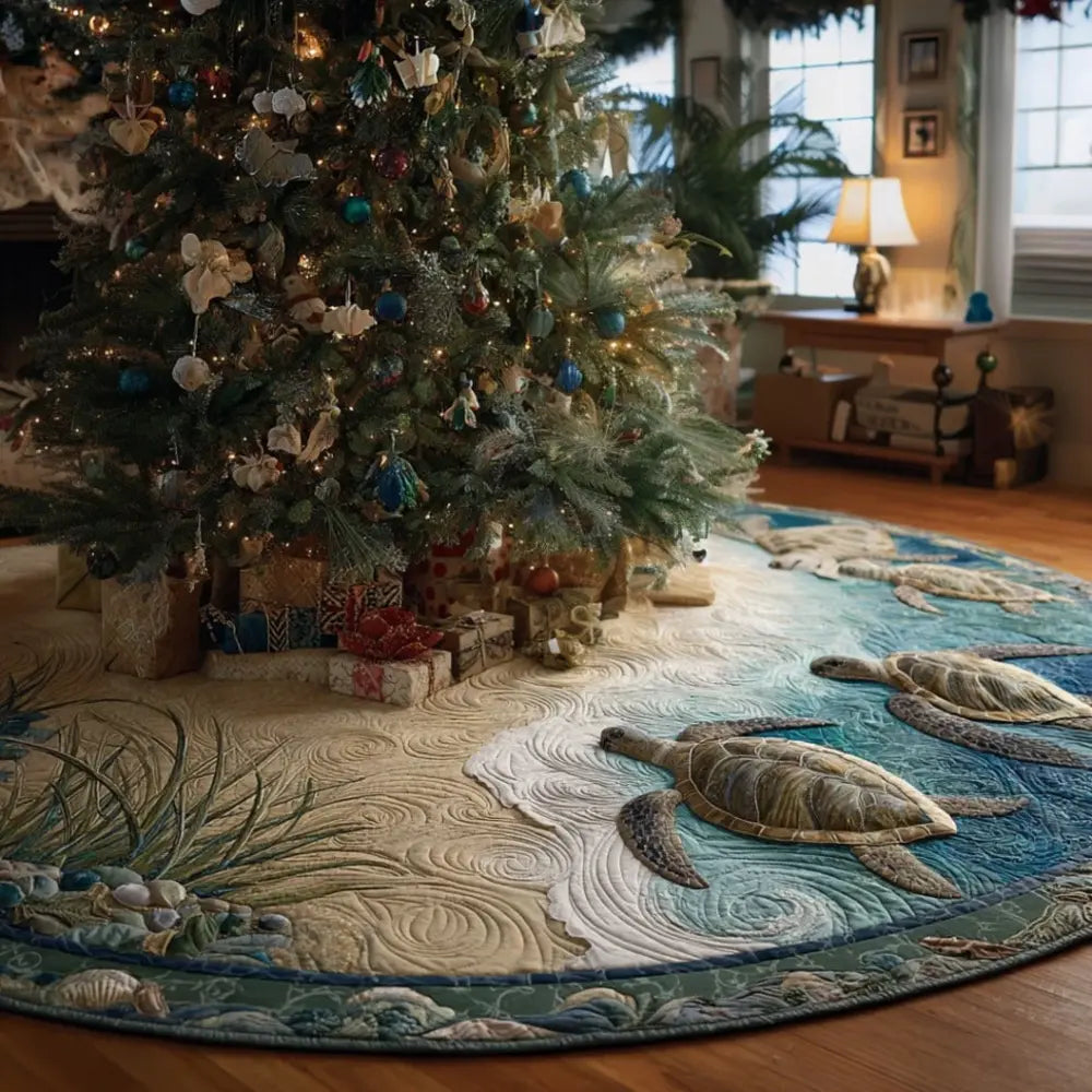 Coastal Harmony Turtle Christmas Quilted Tree Skirt