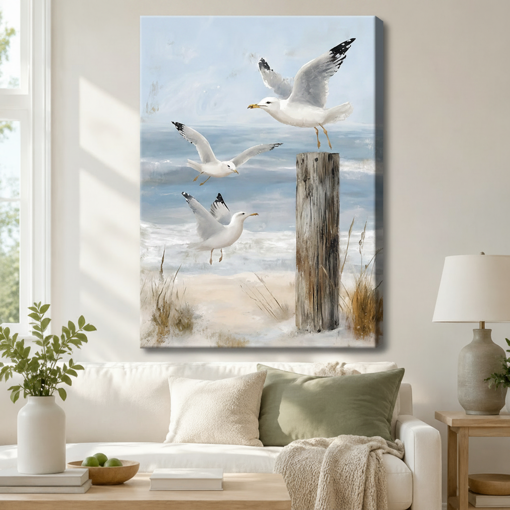 Coastal Seagull Beach Scene Canvas Art Wall Art