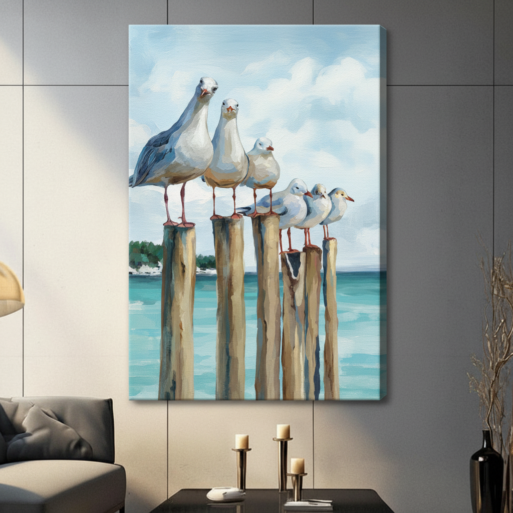 Seagulls on Pier Coastal Oil Canvas Wall Art