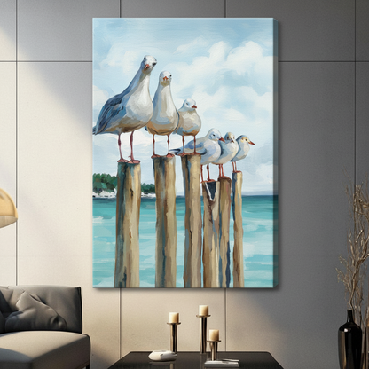 Seagulls on Pier Coastal Oil Canvas Wall Art