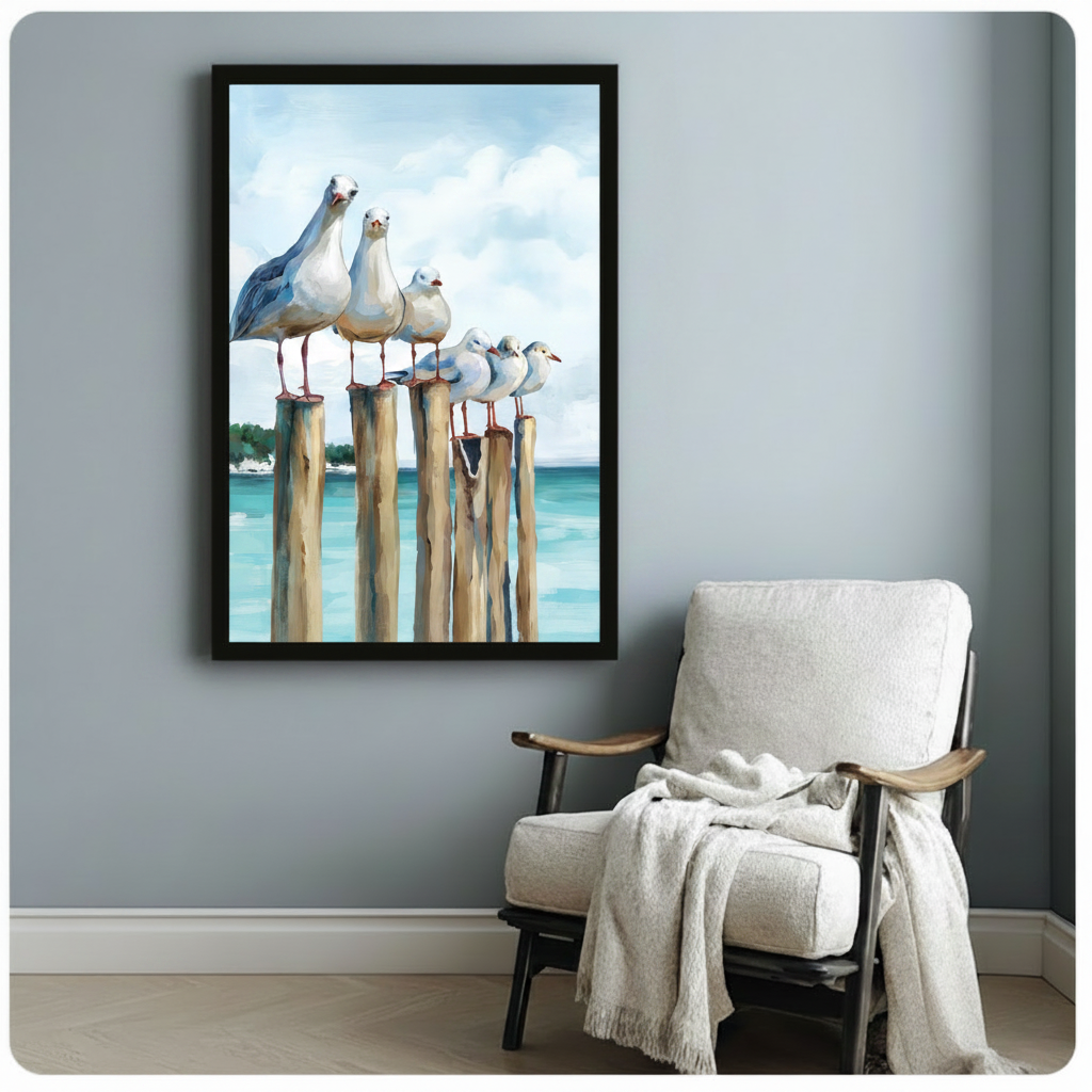 Seagulls on Pier Coastal Oil Canvas Wall Art