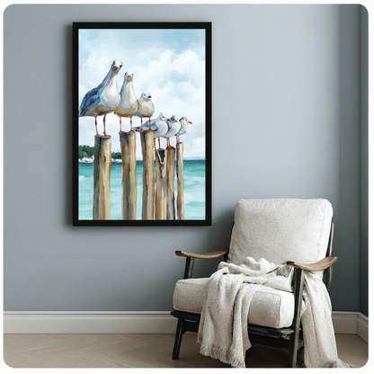 Seagulls on Pier Coastal Oil Canvas Wall Art