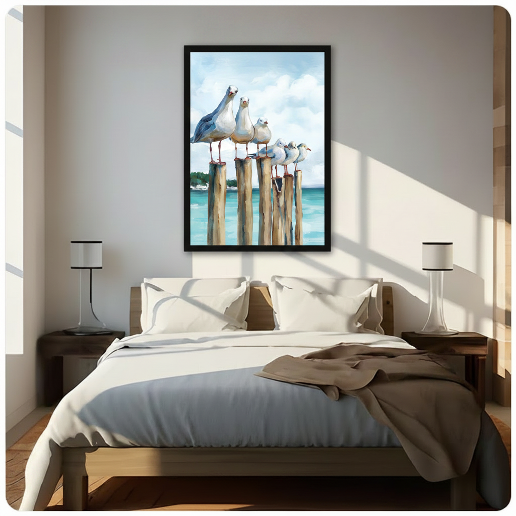 Seagulls on Pier Coastal Oil Canvas Wall Art