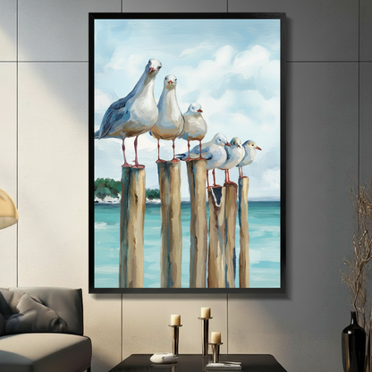 Seagulls on Pier Coastal Oil Canvas Wall Art