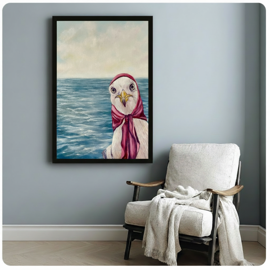 Seagull Red Scarf Ocean Painting Canvas Art Wall Art