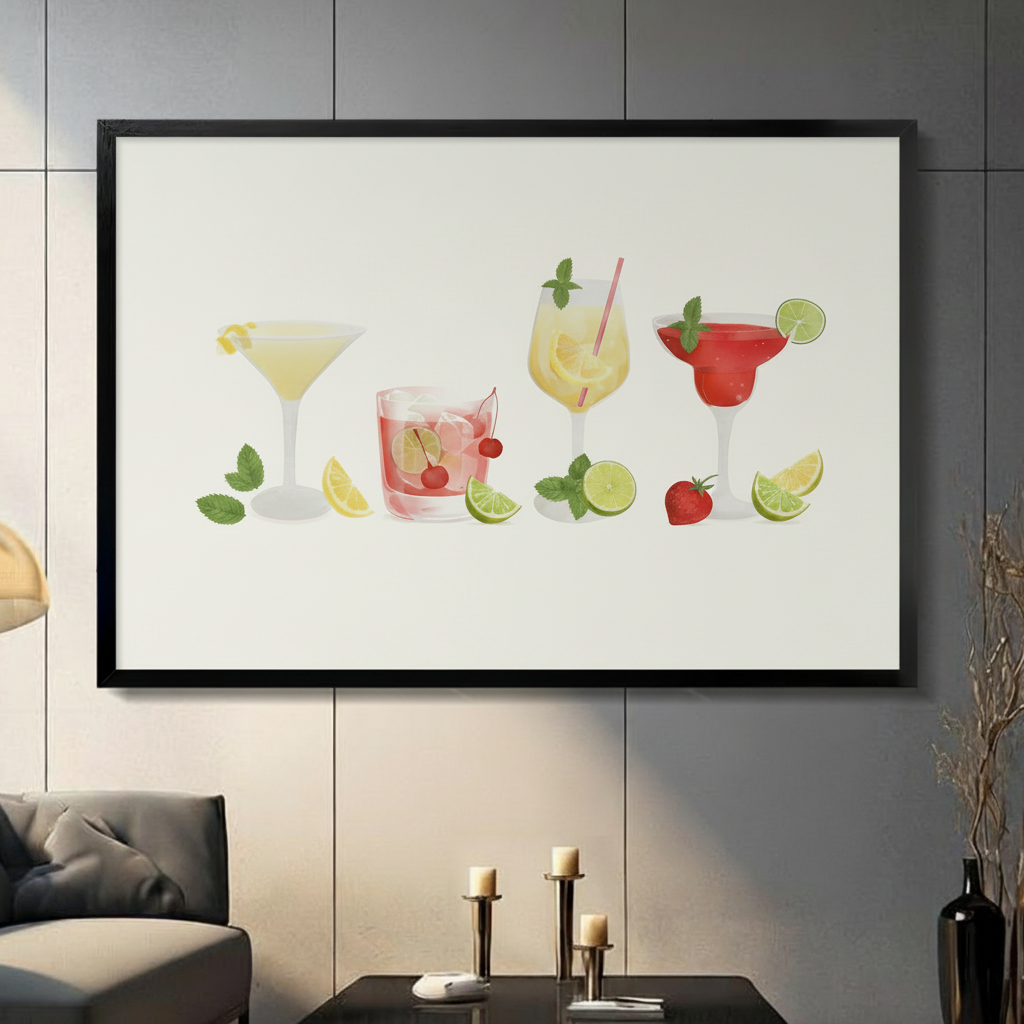 Colorful Cocktail Drinks Illustration Framed Canvas Art
