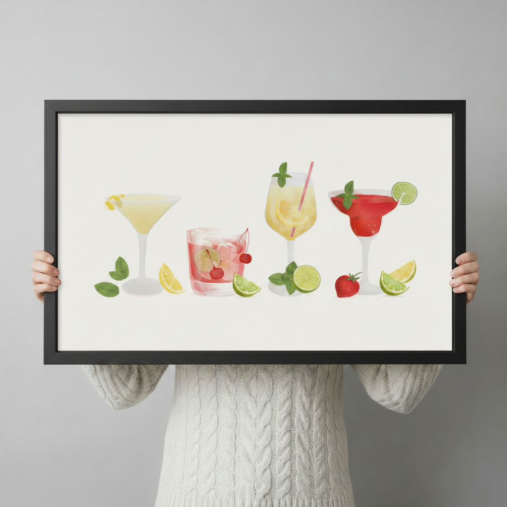 Colorful Cocktail Drinks Illustration Framed Canvas Art