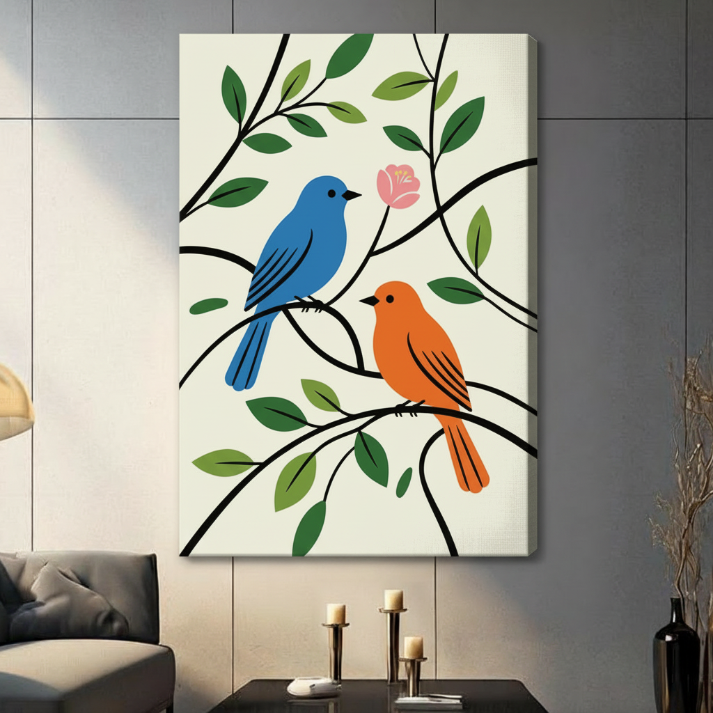 Colorful Birds on Branches Botanical Canvas Wall Art