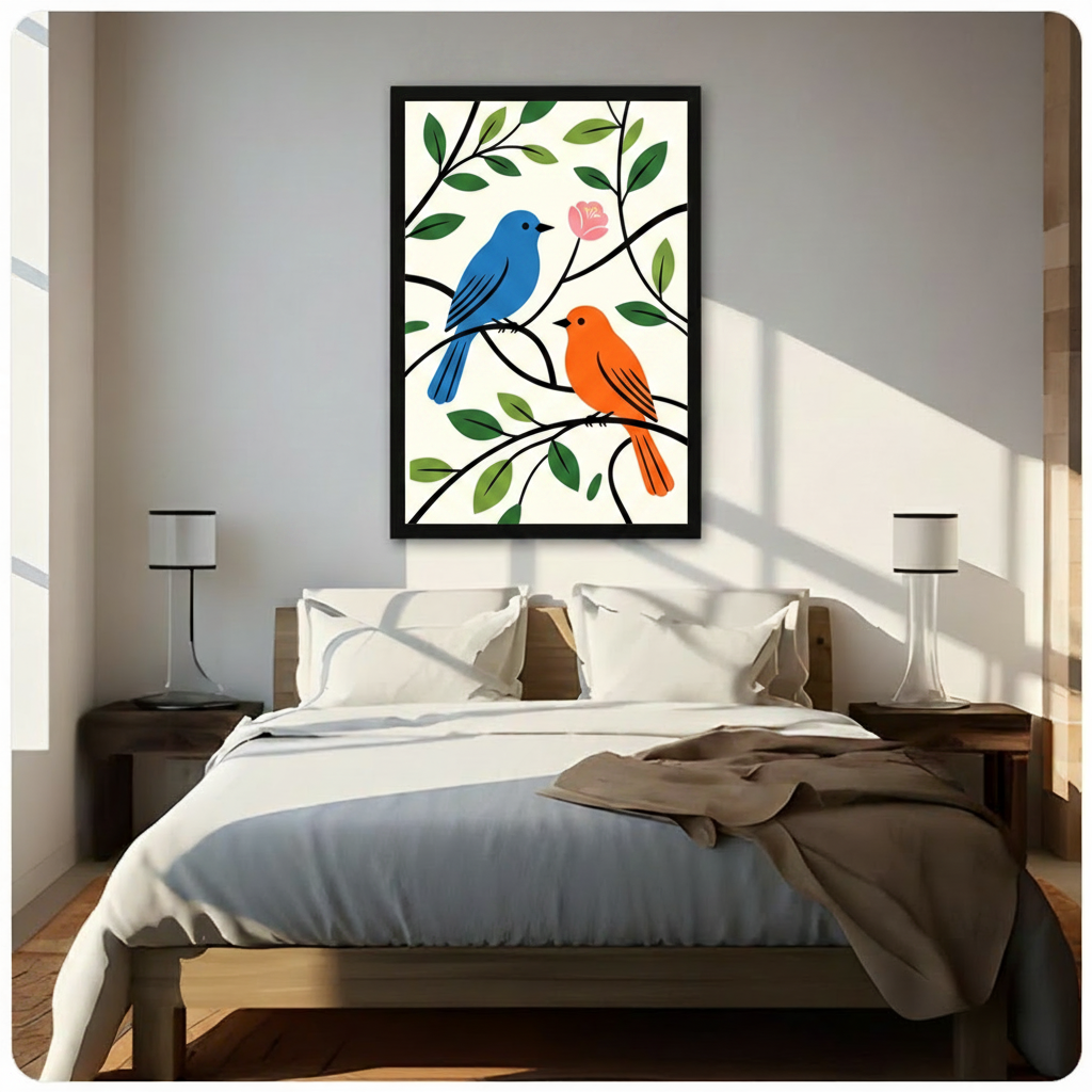 Colorful Birds on Branches Botanical Canvas Wall Art