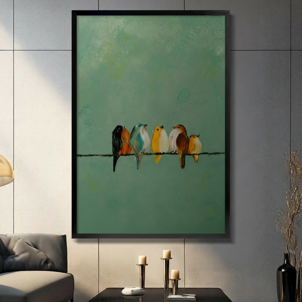 Colorful Birds on Wire Oil Painting Canvas Art