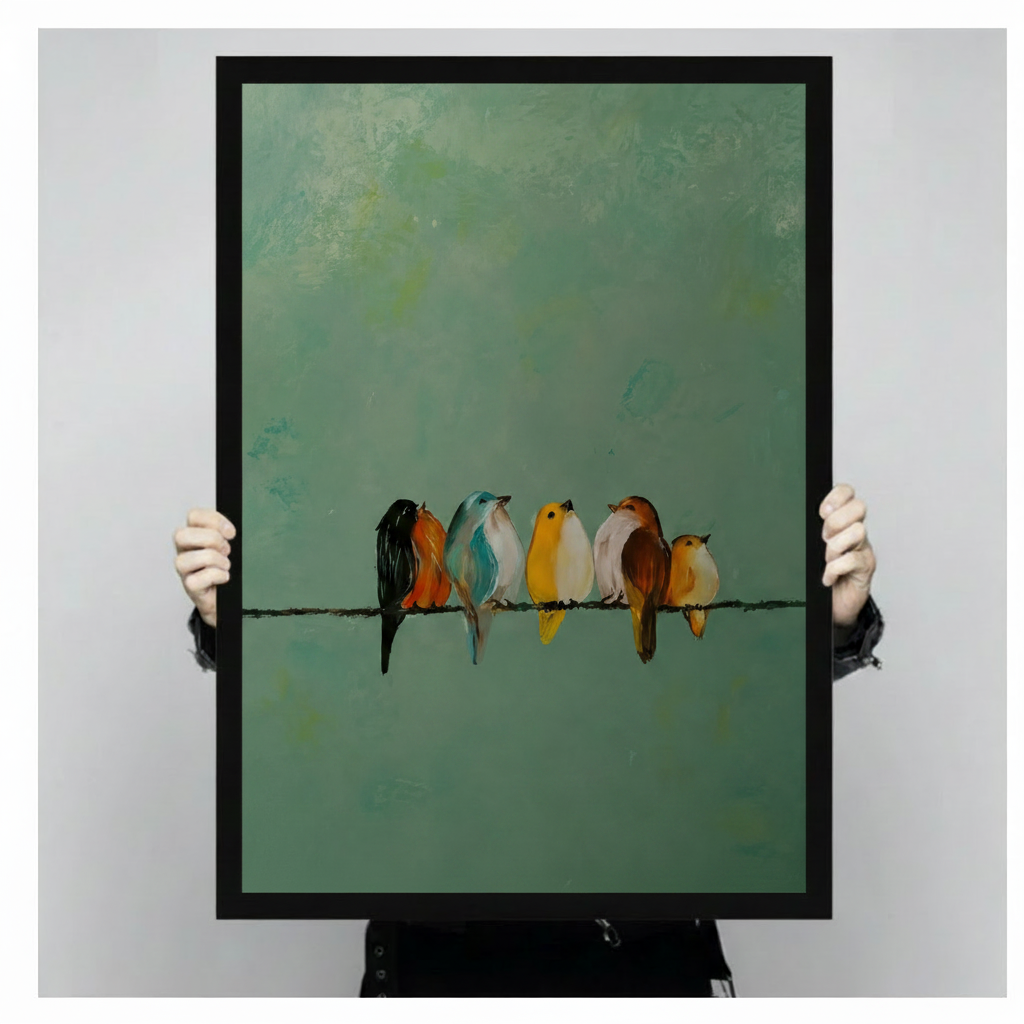 Colorful Birds on Wire Oil Painting Canvas Art